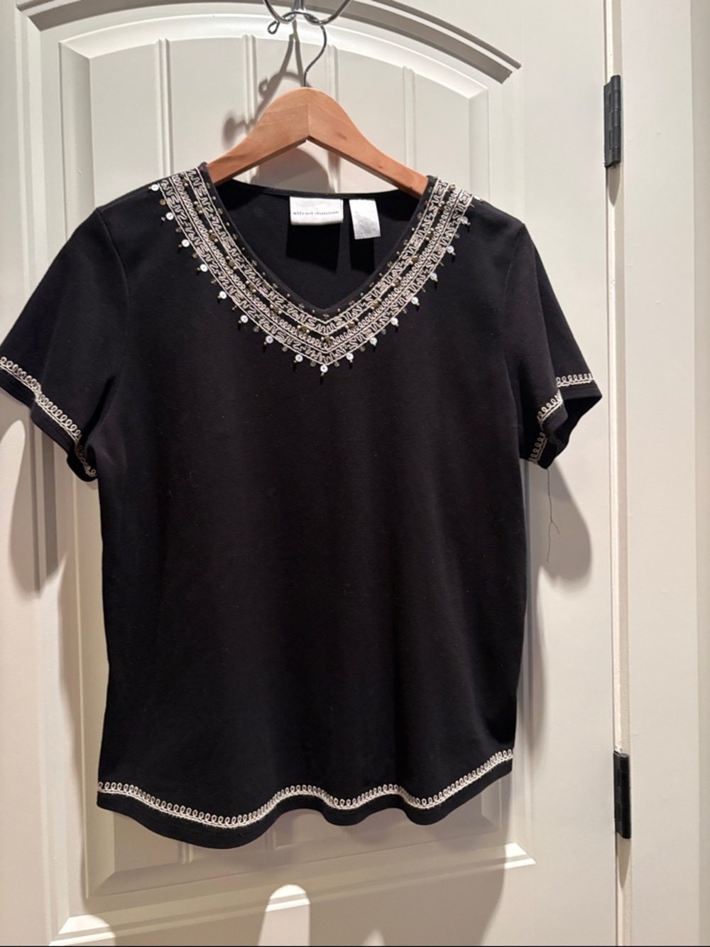 Alfred Dunner Black Short-Sleeve V-Neck Top with Silver Embroidery